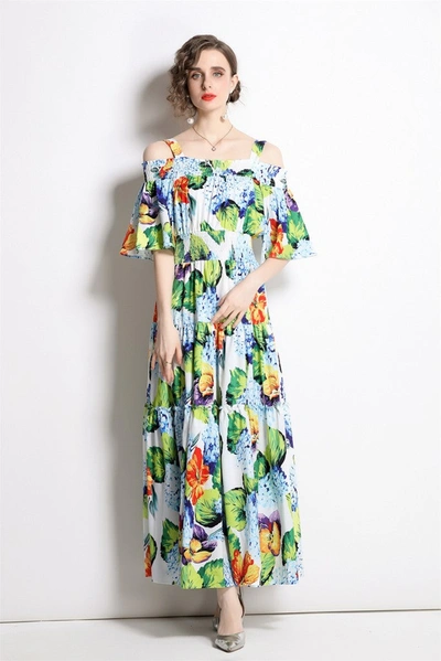 Kaimilan Light Blue & Green Floral Print Day A-line Strap Off The Shoulder Tea Dress In Multi