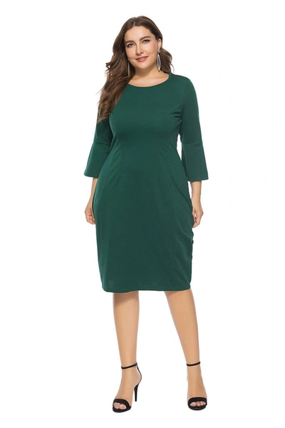 Kaimilan Green Office Bodycon 3/4 Sleeves Knee Dress