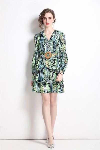 Kaimilan Black And Green Floral Print Day A-line V-neck Long Sleeve Short Dress In Multi