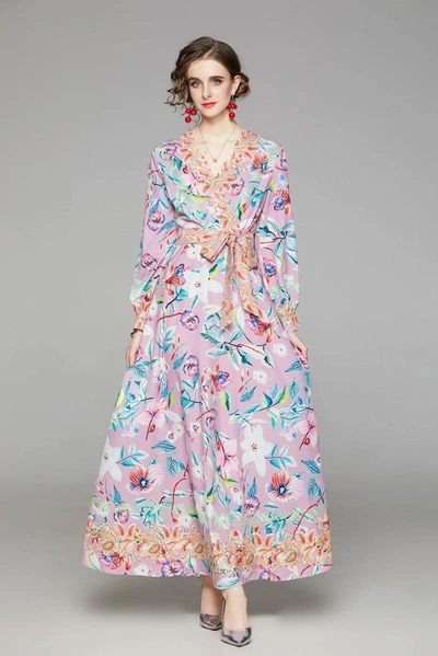Kaimilan Pink & Flower Print Day A-line V-neck Long Sleeve Tea Dress In Multi