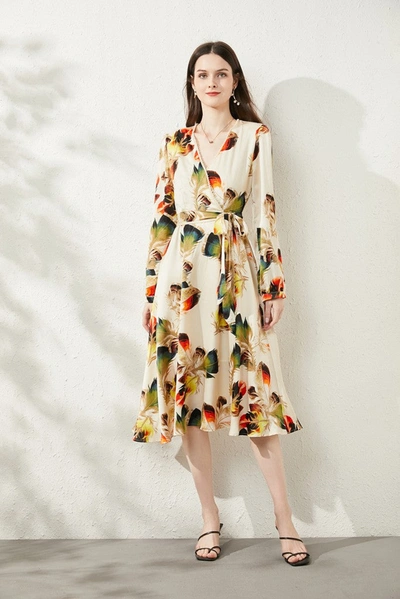 Kaimilan Apricot Day Wrapped V-neck Long Sleeve Below Knee Dress In Multi