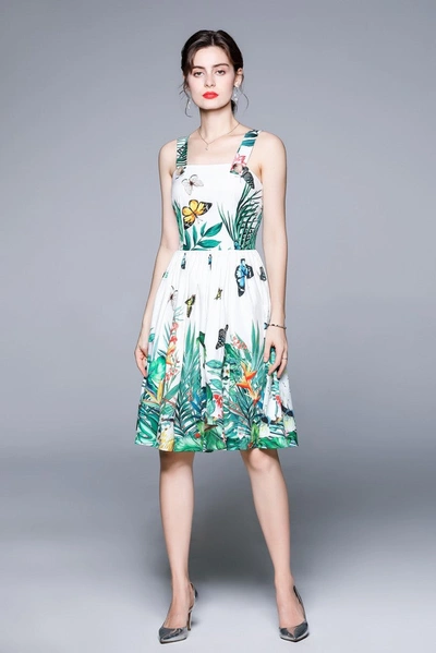 Kaimilan White & Floral Print Day A-line Off The Shoulder Strap Knee Dress In Multi