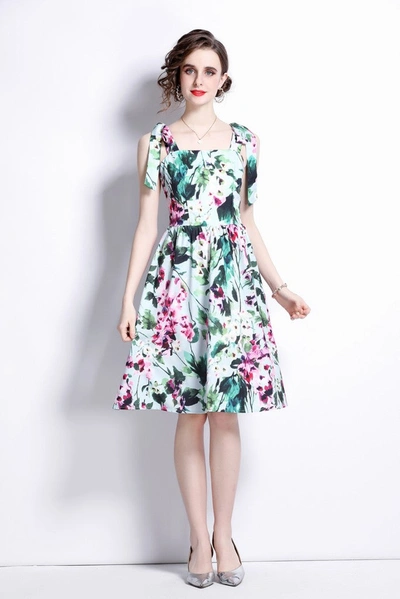 Kaimilan Green Day A-line Off The Shoulder Strap Knee Floral Dress In Multi