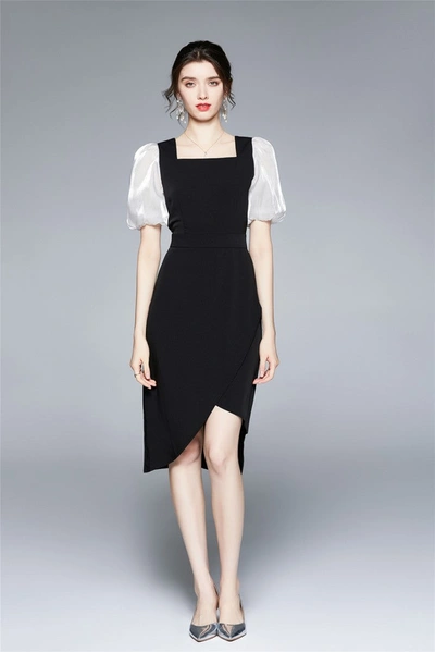Kaimilan Black And White Office Fitted Squareneck Short Sleeve Above Knee Dress