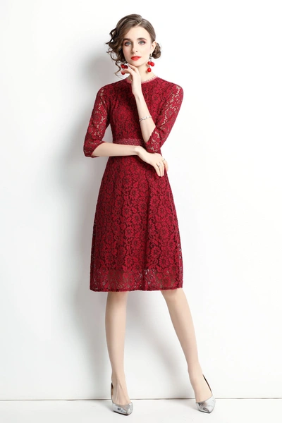 Kaimilan Red Cocktail & Party A-line Crewneck Elbow Sleeve Knee Lace Dress