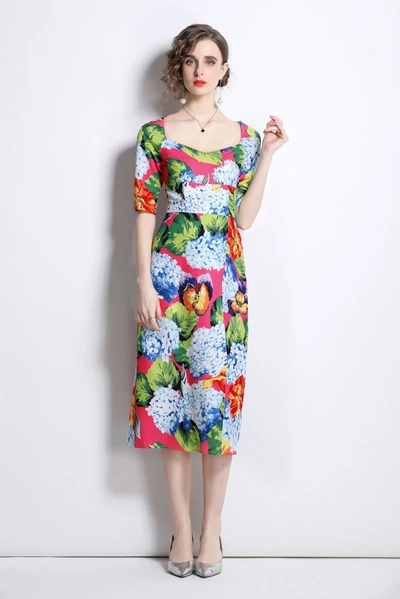 Kaimilan Pink & Multicolor Print Day A-line Squareneck Short Sleeve Midi Dress