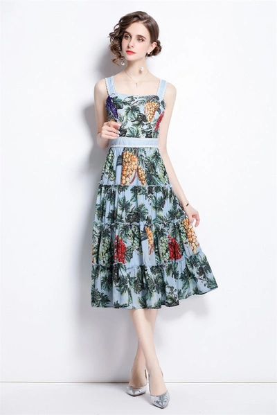 Kaimilan Multicolor Day A-line Off The Shoulder Strap Midi Printed Ruffled Dress