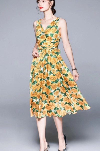 Kaimilan Yellow & Green Day A-line V-neck Sleeveless Below Knee Floral Dress In Multi