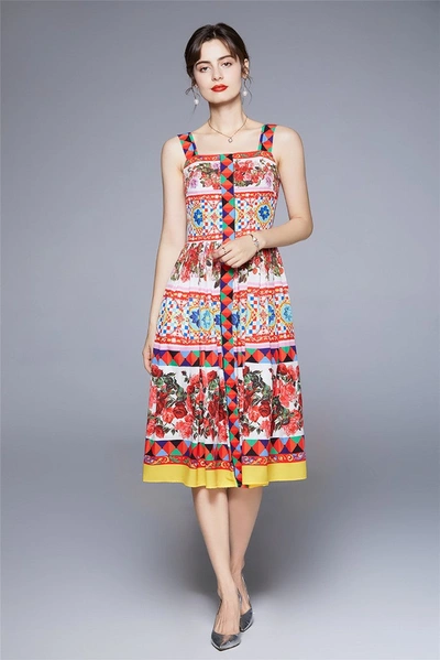 Kaimilan Multicolor Day A-line Strap Below Knee Printed Dress