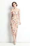 KAIMILAN APRICOT & FLORAL PRINT ?OCKTAIL & PARTY FITTED SWEETHEART NECK ELBOW SLEEVE MIDI FLORAL DRESS