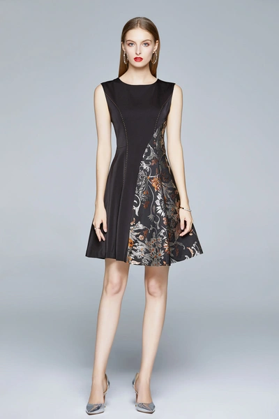 Kaimilan Black And Silver Evening Boatneck Sleeveless Short A-line Dress