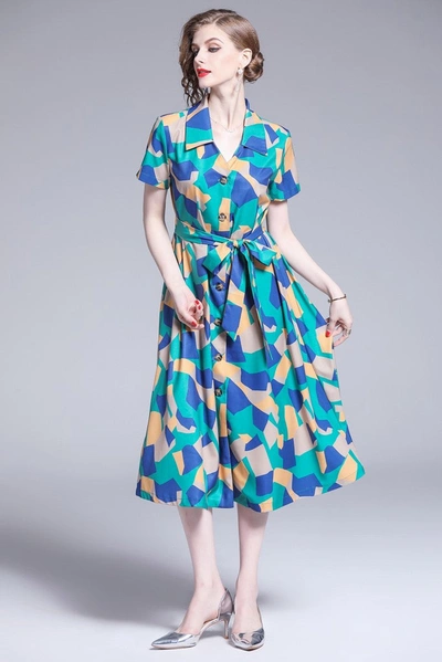 Kaimilan Green Day A-line Shirt Colar Short Sleeve Below Knee Printed Dress With Belt In Multi