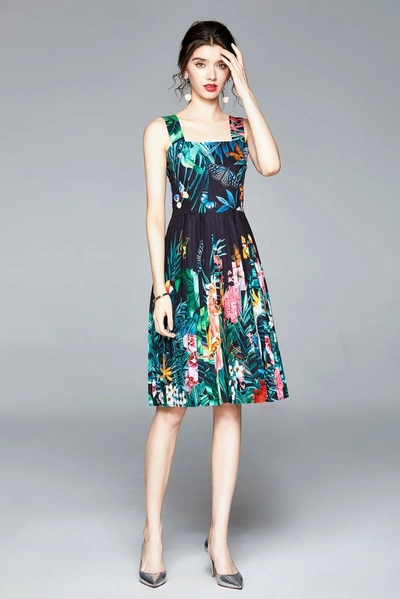 Kaimilan Black & Multicolor Print A-line Off The Shoulder Strap Knee Printed Dress