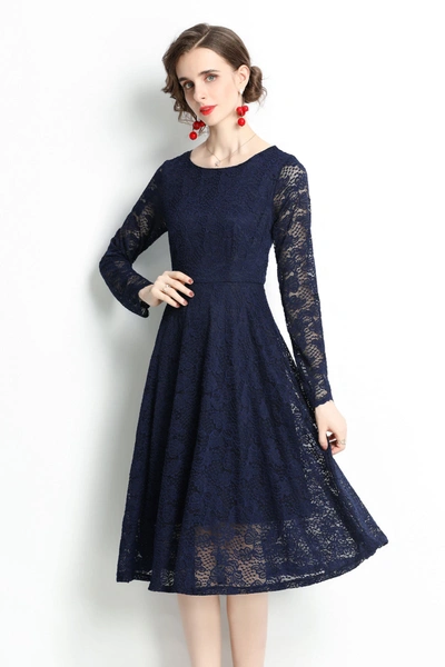 Kaimilan Navy Evening Lace A-line Boatneck Long Sleeve Midi Classic Dress In Blue