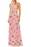 Mac Duggal One Shoulder Floral Sequin Lace Up Gown In Pink Multi