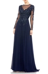 Mac Duggal Hand-embellished Lace Gown With Jeweled Embroidery In Midnight