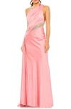 MAC DUGGAL CRYSTAL DETAIL ONE-SHOULDER SATIN GOWN