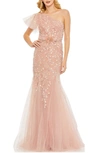 Mac Duggal Embellished One Shoulder Cap Sleeve Gown In Blush