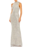 Mac Duggal Metallic Column Gown In Silver