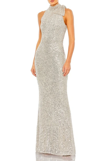 Mac Duggal Metallic Column Gown In Silver