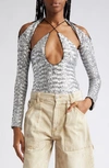 Attico Zane Sequin Cutout Long-sleeve Halter Top In Silver