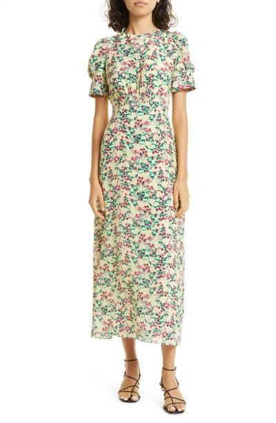 Saloni Bianca Puff Sleeve Silk Midi Dress In Canary Blossom Sml