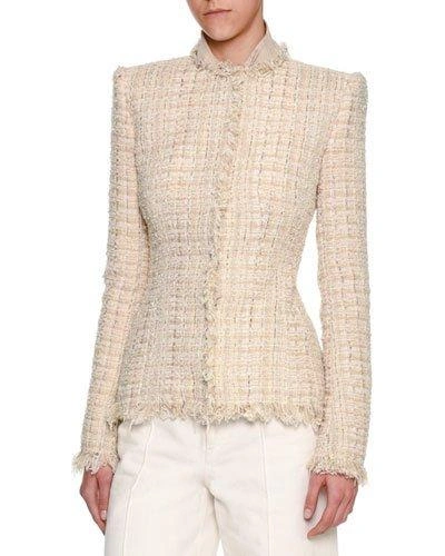 Alexander Mcqueen Frayed-edge Collarless Tweed Jacket In Ivory