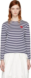 Comme Des Garçons Play Navy Long Sleeve Striped Heart Patch T-shirt