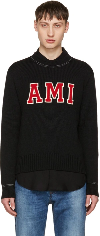 Ami Alexandre Mattiussi Embroidered Logo Merino Wool Knit Sweater In Black