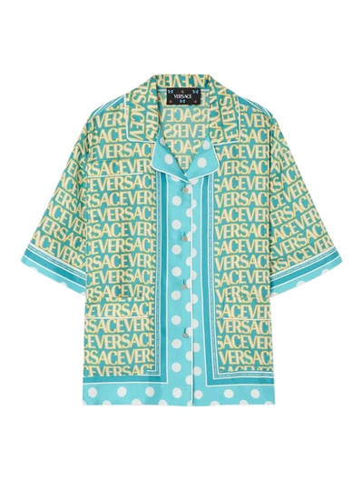 Versace X Dua Lipa Blue Allover Polka Dot Silk Shirt In Multi-colored