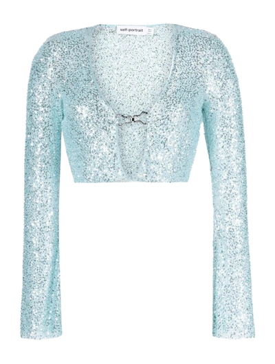 Self-portrait Beaded Open-front Cropped Cardigan In Blue