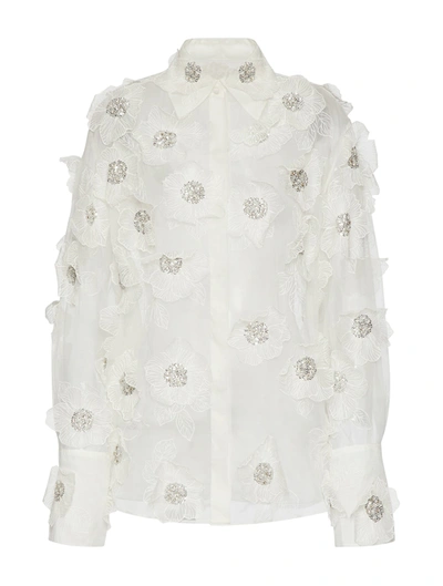 Valentino Floral-embroidered Silk Shirt In Nude & Neutrals