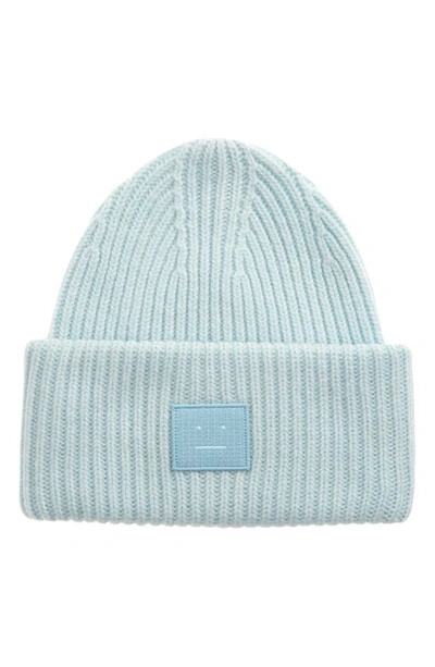 Acne Studios Pansy Face Patch Rib Wool Beanie In Sky Blue Melange
