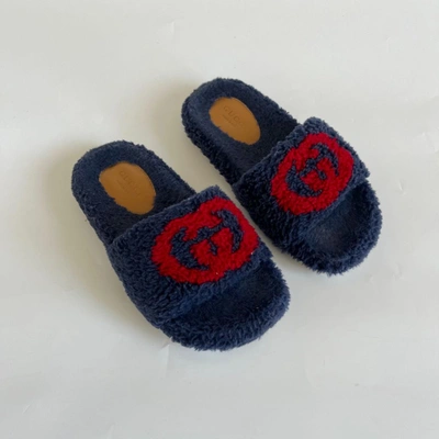 Pre-owned Gucci Blue Fluffy Slides With Gg Red Print, Kids Size 30