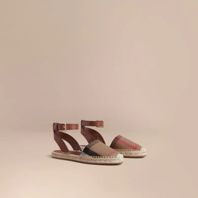 Burberry Leather And Check Linen Cotton Espadrille Sandals In Dark Tan