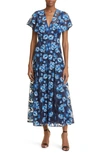 Lela Rose V-neck Floral Embroidered Tulle Midi Dress In Navy