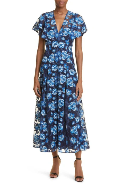 Lela Rose V-neck Floral Embroidered Tulle Midi Dress In Navy