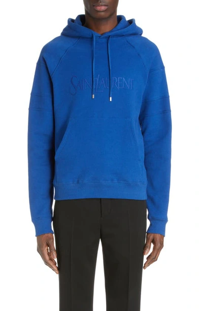 Saint Laurent Large Embroidered Cotton Hoodie In Blue