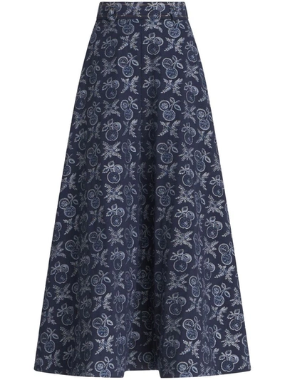 Etro Embroidered Denim Midi Skirt In Navy Blue