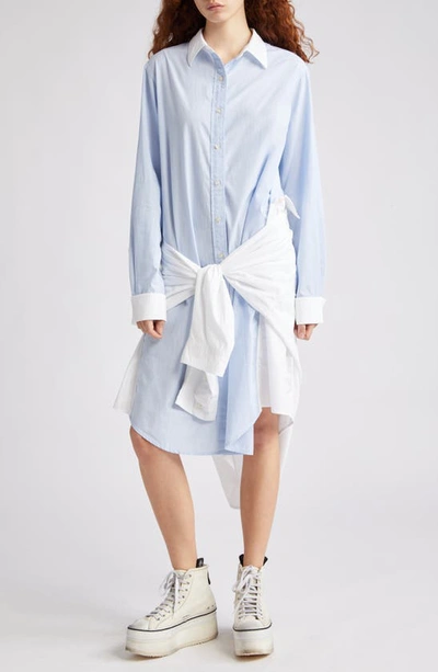 R13 Colorblock Knotted Overlay Long Sleeve Cotton Shirtdress In Blue Eoe White