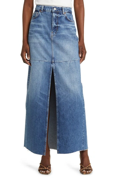 Reformation Tazz Mid-rise Contrast-stitched Regular-fit Denim Maxi Dress In Blue