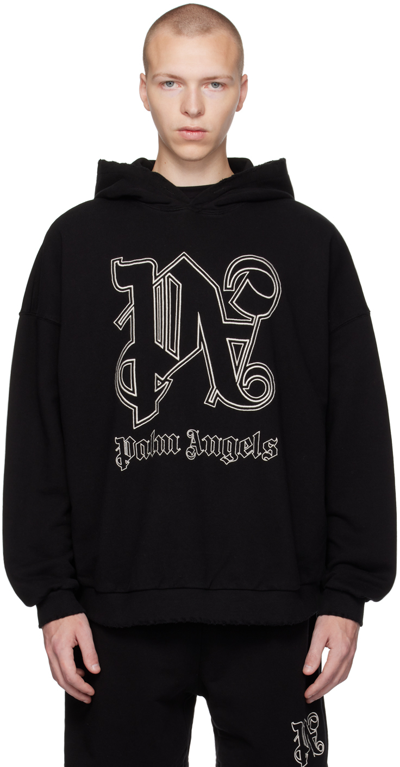 Palm Angels Black Logo Wool Blend Hooded Sweater In Black Off White