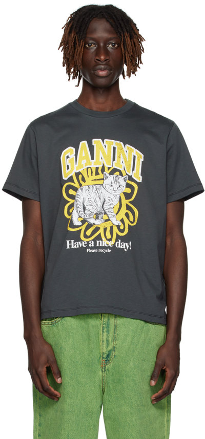 Ganni Gray Cat T-shirt In Volcanic Ash 490