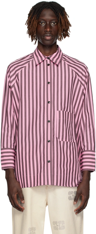 Ganni Pink & Brown Striped Shirt In Bonbon 534