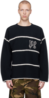 Palm Angels Navy And White Knit Sweater With Paint Monogram Stripes In Navy Blue
