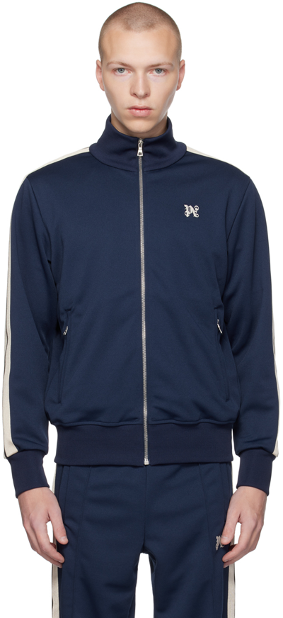 Palm Angels Blue Nylon Zip Sweatshirt With Monogram Pa Embroidery In Navy_blue