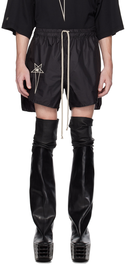 Rick Owens Champion Dolphin Straight-leg Embroidered Recycled-shell Shorts In Black