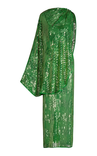 Johanna Ortiz Poder Tejido Caped Sequin Silk Maxi Dress In Green