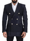 Dolce & Gabbana Blue Wool Patchwork Double Breasted Blazer In Navy Blue