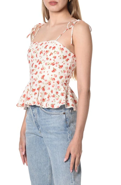 Wayf Escape Print Tie Strap Peplum Camisole In Ivory Roses